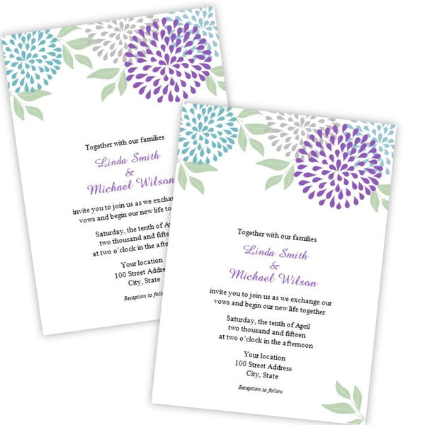 Teal & Purple Mums Wedding Invitation Template