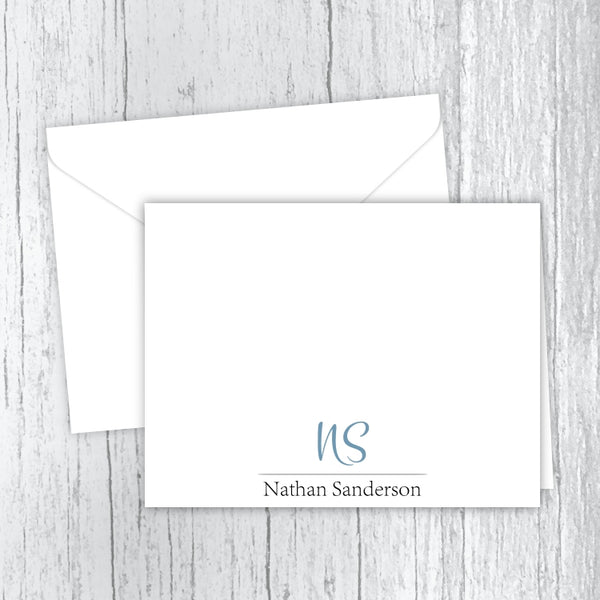Men's Personalized Note Cards - Blue Initials with Name