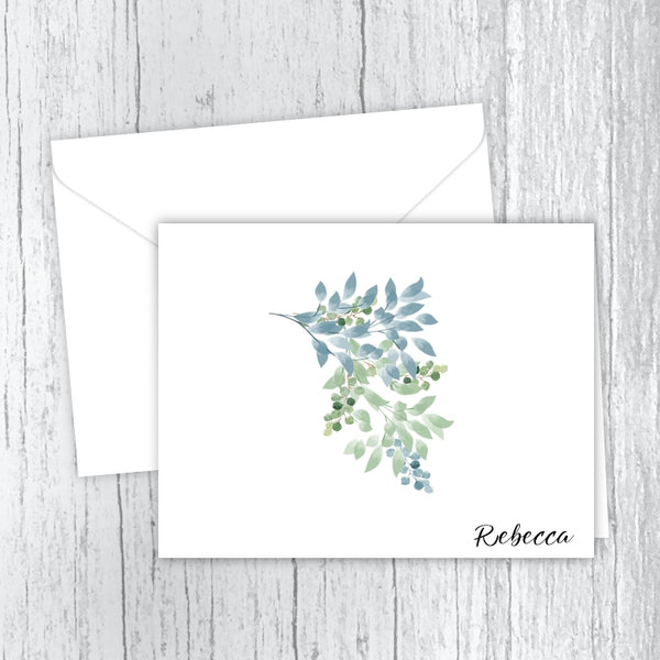 Blue & Green Foliage - Personalized Printed Note Cards