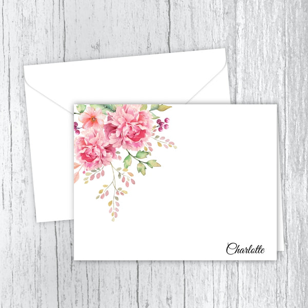 Pink Peonies - Personalized Printed Note Cards