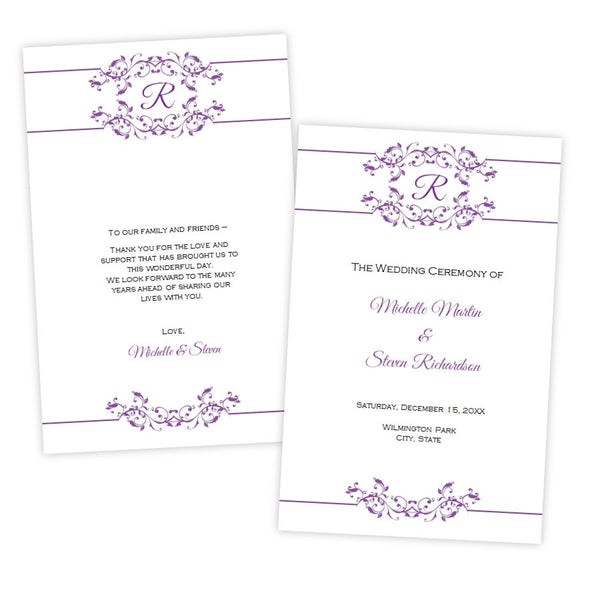 Purple Flourish Monogram Folded Wedding Program Template