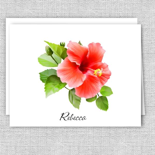 Red Hibiscus Floral Personalized Note Cards