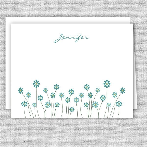 Tiny Teal Flowers Personalized Note Cards