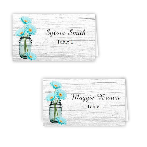 Aqua Daisies in a Mason Jar Table Tents