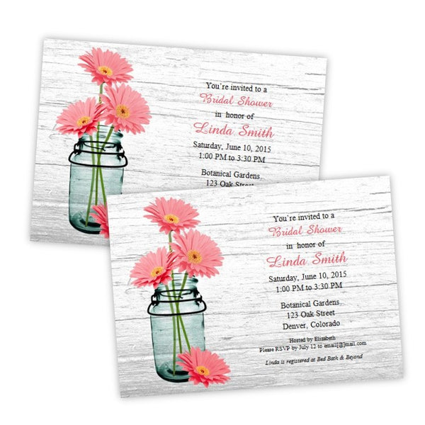 Coral Daisies in a Mason Jar Bridal Shower Invitation