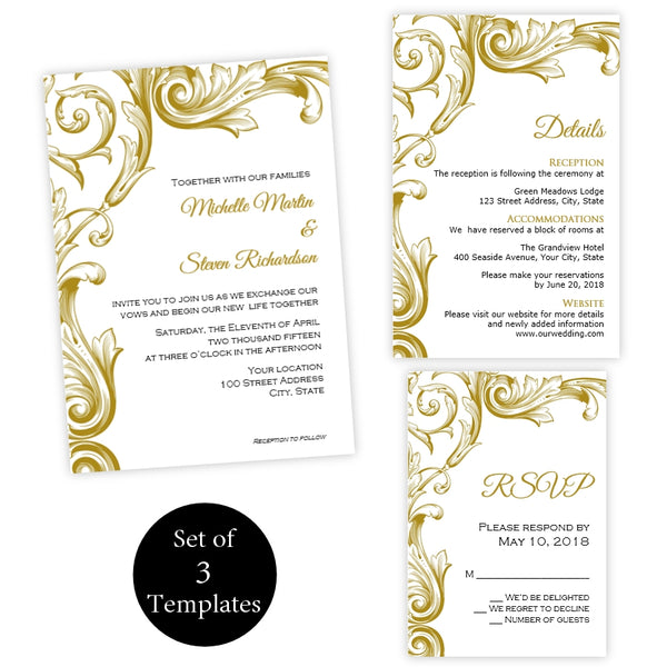 Gold Victorian Flourish Wedding Invitation Set