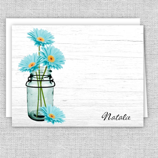 Aqua Daisies in a Mason Jar Personalized Note Cards