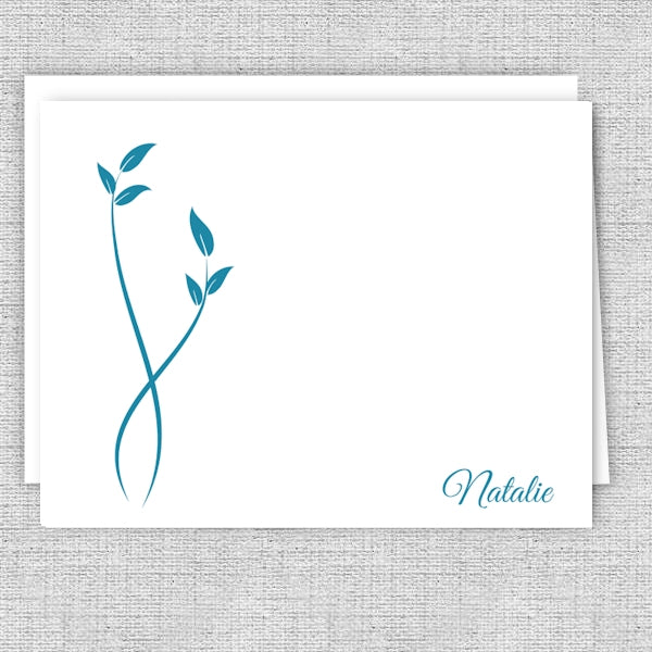 Simple Blue Leaves - Printed Personalized Note Cards