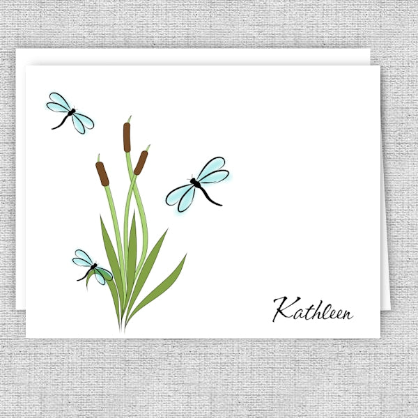 Dragonflies and Cattails Personalized Note Cards