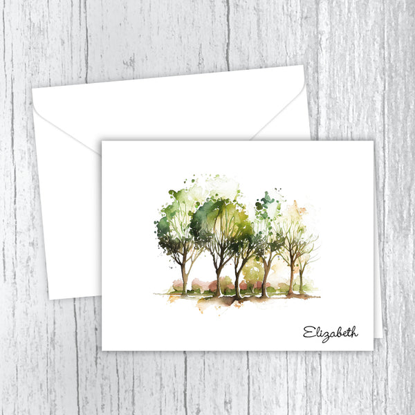 Watercolor Spring Trees Personalized Note Cards
