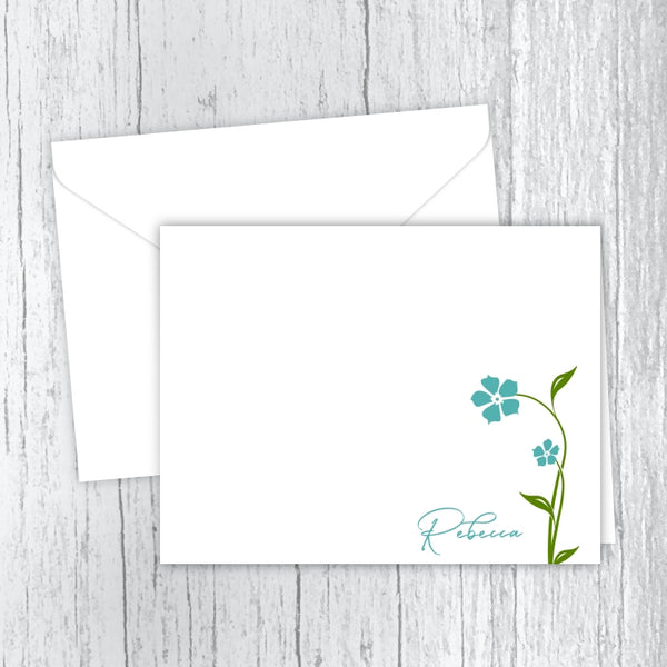 Aqua Flowers - Personalized Printed Note Cards