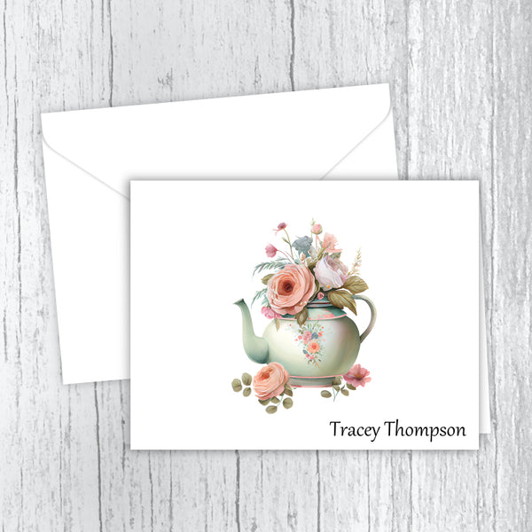 Teapot with Flowers Personalized Note Cards