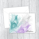 Personalized Printed Note Cards - 3 Peacock Feathers