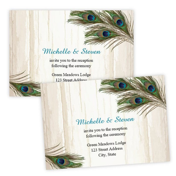 Peacock Feathers on Wood Wedding Reception Card