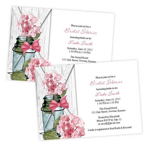 Pink Hydrangea in a Mason Jar Bridal Shower Invitation