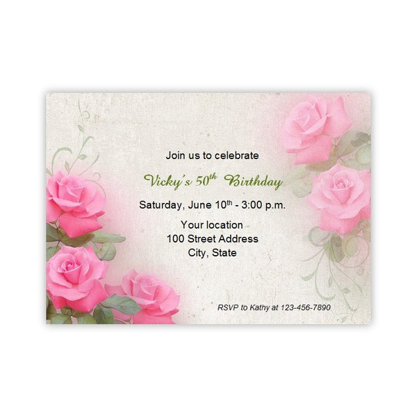 Romantic Pink Roses Birthday Invitation