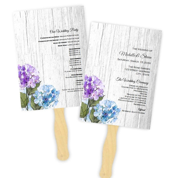 Purple & Blue Hydrangeas - Barn Wood Wedding Program Fan Template