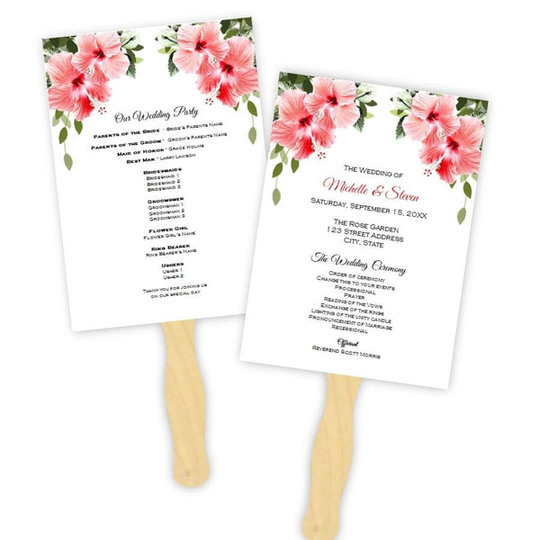 Pink Tropical Hibiscus Flowers Wedding Program Fan Template