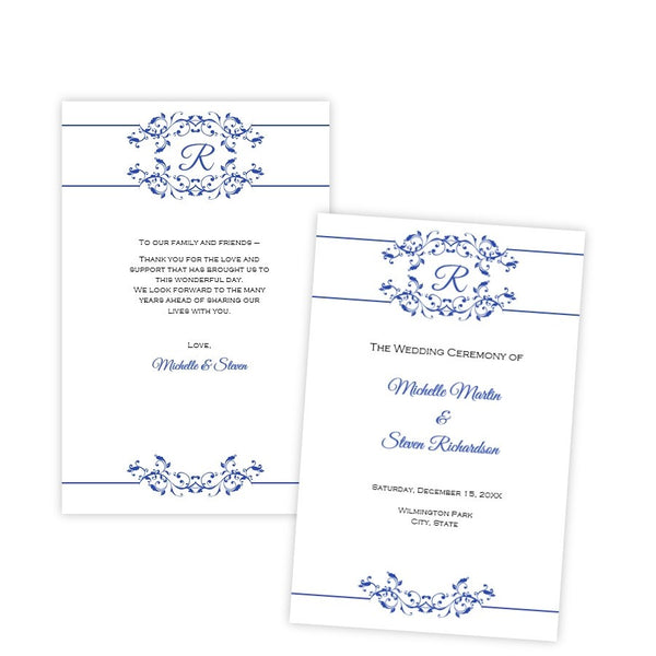Blue Flourish Monogram Folded Wedding Program Template