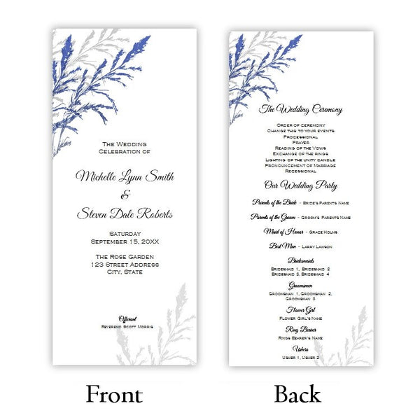 Cobalt Blue & Gray Foliage Tea Length Wedding Program
