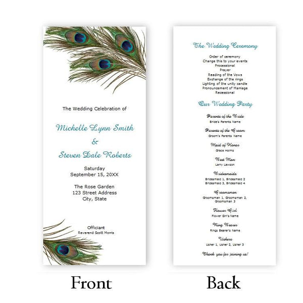 Peacock Feathers Tea Length Wedding Program Template
