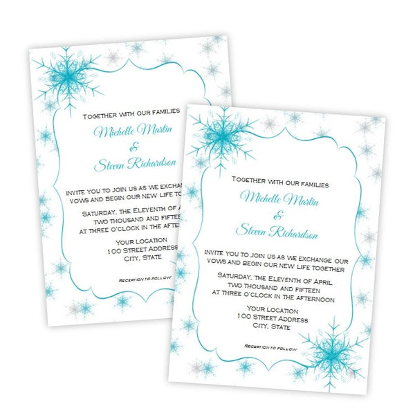 Turquoise and Gray Snowflakes Wedding Invitation Template