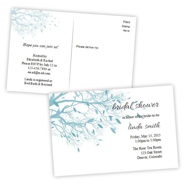 Teal Tree Branches Bridal Shower Postcard Invitation